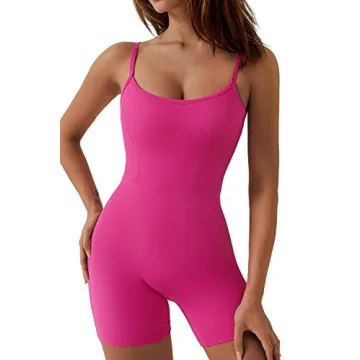 QINSEN Sexy Woman's Stretch Bodycon Jumpsuit Outfit Strappy Sports Workout Romper Hot Pink L