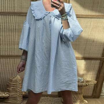 Women's Cute Babydoll Dresses Casual Plaid Print Dress Puff Sleeve Lapel Doll Collar Loose Dress Blu...