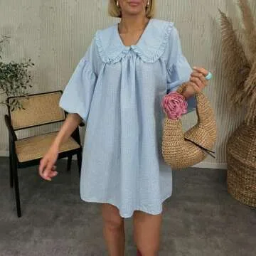 Women's Cute Babydoll Dresses Casual Plaid Print Dress Puff Sleeve Lapel Doll Collar Loose Dress Blue