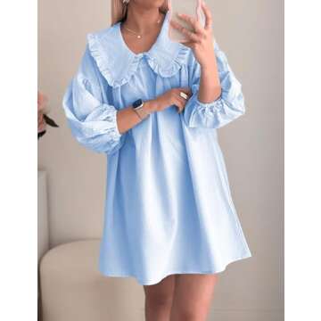 Women's Cute Babydoll Dresses Casual Plaid Print Dress Puff Sleeve Lapel Doll Collar Loose Dress Blue