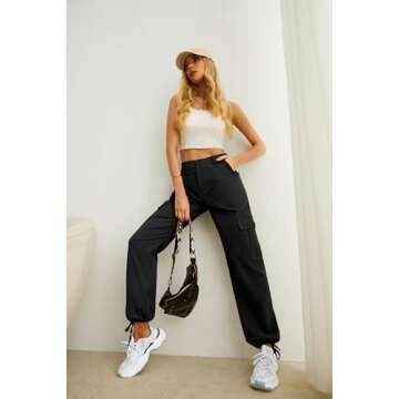 Lepunuo Women Cargo Pants High Waist Casual Pants Baggy Stretch Travel Y2K Streetwear with 6 Pockets Black