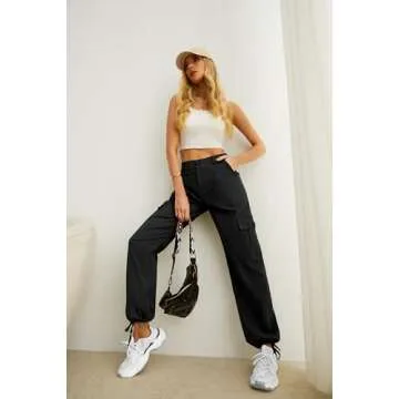 Lepunuo Women Cargo Pants High Waist Casual Pants Baggy Stretch Travel Y2K Streetwear with 6 Pockets Black