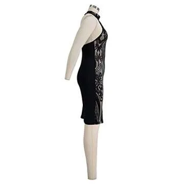 Womens Sexy Halter Floral Sequin See Through Backless Sleeveless Bodycon Club Party Short Mini Dresses Black M