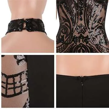 Womens Sexy Halter Floral Sequin See Through Backless Sleeveless Bodycon Club Party Short Mini Dresses Black M