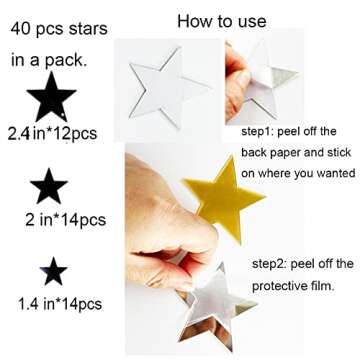 40Pcs Silver Stars Acrylic Mirror Wall Stickers with Adhesive Art Decal Satin Paper Baby Kids Bedroom Home DIY Decor Removable Stickers (Silver Stars)