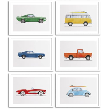 BBQCBA 6Pcs Nursery Car Wall Art Watercolor Retro Transportation Wall Decor Pictures Kids Vehicle Ca...