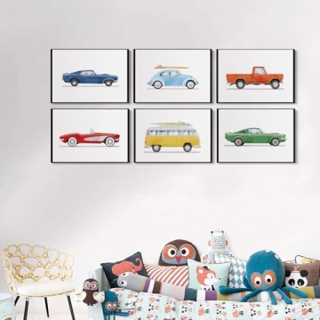 BBQCBA Vintage Car Wall Art Prints for Kids Room