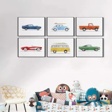 BBQCBA Vintage Car Wall Art Prints for Kids Room