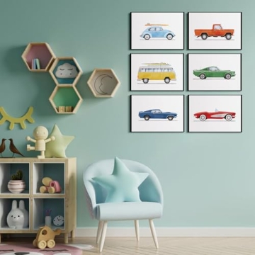 BBQCBA Vintage Car Wall Art Prints for Kids Room