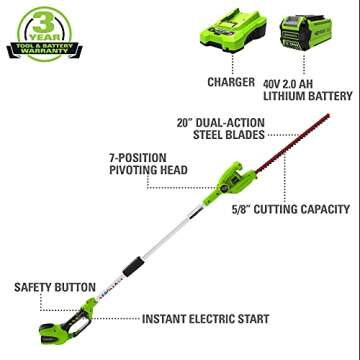Greenworks 40V 20" Cordless Pole Hedge Trimmer with Battery and Charger