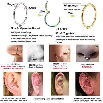 Lantine 5 Pcs Nose Rings Hoops for Women Set 316L Surgical Steel Septum Rings 8mm Rook Daith Tragus Piercing Jewelry Hinged Cartilage Gold Hoop Earrings 18G