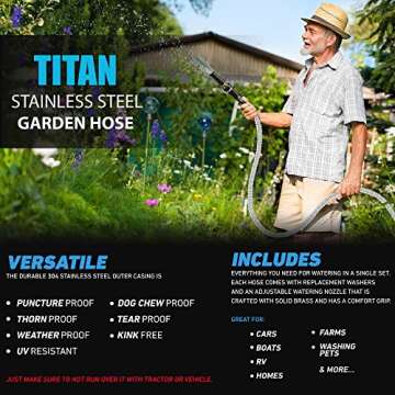 TITAN Garden Hose 200FT - 304 Stainless Steel Metal Water Hose, Flexible, Kink-Free, Lightweight, Durable, Crush Resistant Fittings, Easy to Coil, 500 PSI