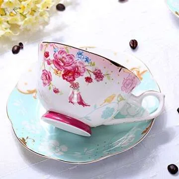 AWHOME Bone China Teacup and Saucer Set - Elegant Vintage Tea Cup with Floral Design