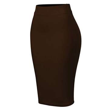 MixMatchy Women's Elastic Waist Scuba Bodycon Knee Length Midi Pencil Skirt with Back Slit Brown S