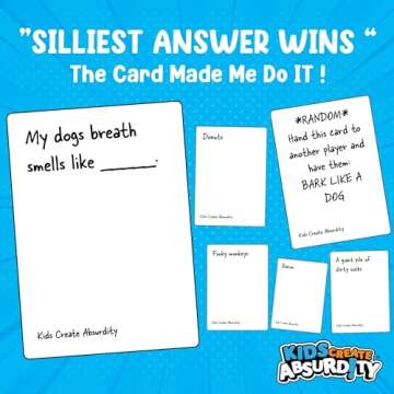 Kids Create Absurdity Funny Card-Game for Kids Family Game Night-Laugh Until You Cry- Stocking-Stuffer-for-Kids A Fun Fill in The Blank Card Game for Ages 6-12 Years Old.