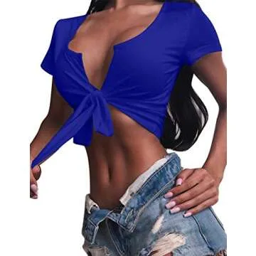 BORIFLORS Women's Sexy Tie Up Crop Top Short Sleeve Deep V Neck Casual Basic T Shirt,Medium,Royal Blue