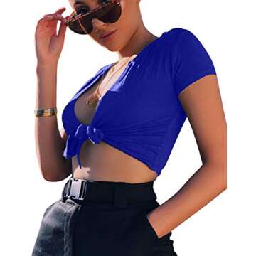 BORIFLORS Women's Sexy Tie Up Crop Top Short Sleeve Deep V Neck Casual Basic T Shirt,Medium,Royal Blue