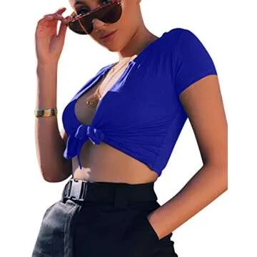 BORIFLORS Women's Sexy Tie Up Crop Top Short Sleeve Deep V Neck Casual Basic T Shirt,Medium,Royal Blue