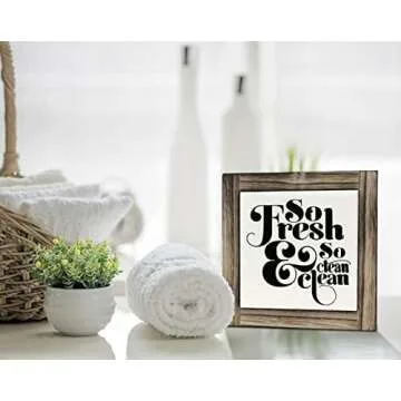 Funny Restroom Wood Plaque Sign, So Fresh So Clean, Box Wood Plaques Desk Décor 5.9×5.9×0.7inch, Small Signs for Home Decor Shelf, Bathroom Décor, Children Restroom Wooden Decoration