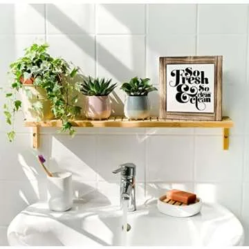 Funny Restroom Wood Plaque Sign, So Fresh So Clean, Box Wood Plaques Desk Décor 5.9×5.9×0.7inch, Small Signs for Home Decor Shelf, Bathroom Décor, Children Restroom Wooden Decoration