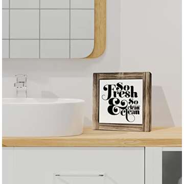 Funny Restroom Wood Plaque Sign, So Fresh So Clean, Box Wood Plaques Desk Décor 5.9×5.9×0.7inch, Small Signs for Home Decor Shelf, Bathroom Décor, Children Restroom Wooden Decoration