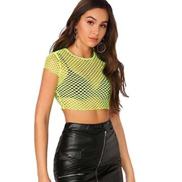 SweatyRocks Women's Sexy Fishnet Sheer Short Sleeve Blouse See Through Mesh Crop Top Green M