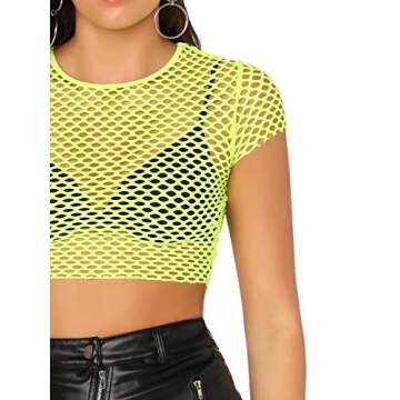 SweatyRocks Women's Sexy Fishnet Sheer Short Sleeve Blouse See Through Mesh Crop Top Green M