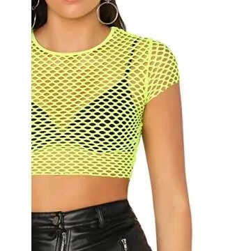SweatyRocks Women's Sexy Fishnet Sheer Short Sleeve Blouse See Through Mesh Crop Top Green M