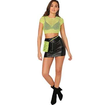 SweatyRocks Women's Sexy Fishnet Sheer Short Sleeve Blouse See Through Mesh Crop Top Green M