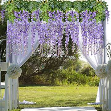Artiflr 8pcs Artificial Flowers Silk Wisteria Vine Ratta Silk Hanging Flower Wedding Decor (Purple)