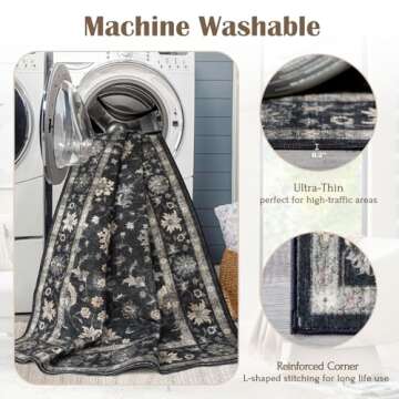 LUXRUG 3x5 Washable Area Rug - Small Entryway Rug Non-Slip Charcoal Black Vintage Traditional Floral Kitchen Rugs Low Pile Boho Carpet Throw Rugs for Living Room Bedroom Bathroom Entrance Dorm Office