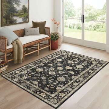 LUXRUG 3x5 Washable Area Rug - Small Entryway Rug Non-Slip Charcoal Black Vintage Traditional Floral Kitchen Rugs Low Pile Boho Carpet Throw Rugs for Living Room Bedroom Bathroom Entrance Dorm Office