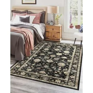 LUXRUG 3x5 Washable Area Rug - Small Entryway Rug Non-Slip Charcoal Black Vintage Traditional Floral Kitchen Rugs Low Pile Boho Carpet Throw Rugs for Living Room Bedroom Bathroom Entrance Dorm Office