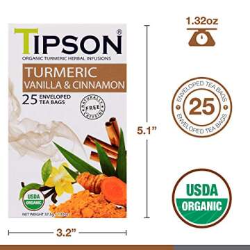 Tipson Organic Turmeric Herbal Infusions - Turmeric Vanilla & Cinnamon Flavor - Caffeine Free, Non GMO, Gluten Free - 25 Premium Tea Bags (Pack of 1)