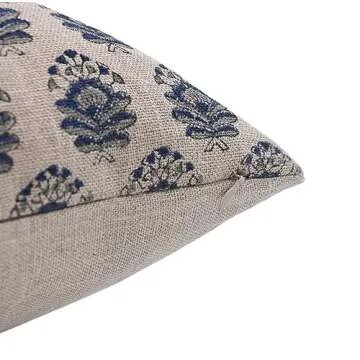 Fabritual Handmade 22x22 Inches Thick Linen Block Print Decorative Throw Pillowcase Cushion Cover with Invisible Zipper for Sofa, Couch, Fall, Christmas Decoration, Home Decor, Bheeshma, Light Blue