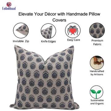 Fabritual Handmade 22x22 Inches Thick Linen Block Print Decorative Throw Pillowcase Cushion Cover with Invisible Zipper for Sofa, Couch, Fall, Christmas Decoration, Home Decor, Bheeshma, Light Blue