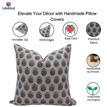 Fabritual Handmade 22x22 Inches Thick Linen Block Print Decorative Throw Pillowcase Cushion Cover with Invisible Zipper for Sofa, Couch, Fall, Christmas Decoration, Home Decor, Bheeshma, Light Blue