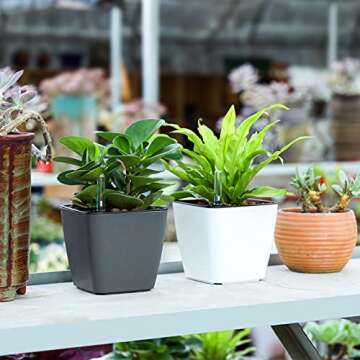 T4U 5.5 Inch Self Watering Plastic Planter with Water Level Indicator Pack of 3 - Matte White, Modern Decorative Planter Flower Pot for House Plants, Herbs, Aloe, African Violets, Succulents