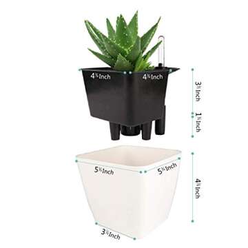 T4U 5.5 Inch Self Watering Plastic Planter with Water Level Indicator Pack of 3 - Matte White, Modern Decorative Planter Flower Pot for House Plants, Herbs, Aloe, African Violets, Succulents