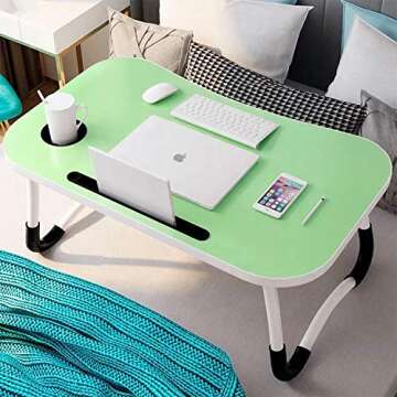 Wokie Foldable Laptop Bed Table Tray, Portable Lap Desk Stand, Multifunction Lap Tablet with Cup Holder Perfect for Eating Breakfast, Reading Book, Working,Watching Movie on Bed/Couch/Sofa (Green)