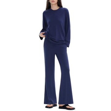 C202 Womens Loungewear Set 2 Piece Pajamas Matching Sets Long Sleeve Crewneck T Shirts Wide Leg Pant...