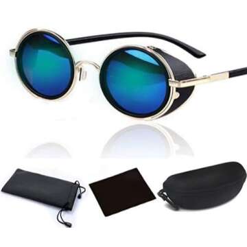 Unisex Mens Womens Steampunk Round Sunglasses Side Shields Vintage Retro Style Fashion Cyber Goggles...
