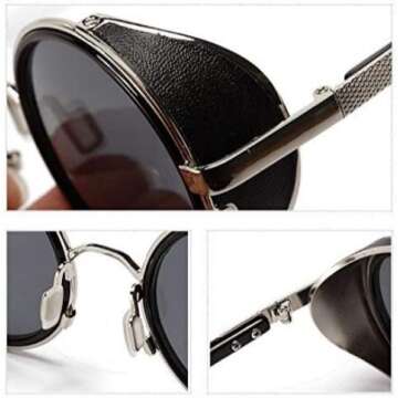 Unisex Mens Womens Steampunk Round Sunglasses Side Shields Vintage Retro Style Fashion Cyber Goggles Blinders Beach Sun Glasses Shades Circle Black Reflective Lens with Glasses Case (Blue)