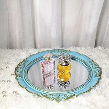 Yamfurga Decorative Mirrors Tray, Hanging Wall Mirror, Vintage Multi-Functional Display Tray, Jewelry Trays, Vanity Trays, Serving Trays,13" W x 15" L, Golden Blue