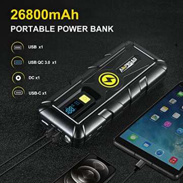 AMPROAD Jump Starter 4000A for Truck Up to 10.0L Gas & Diesel Engines, Portable and Compact Jump Box, Build-in LED Flashlight Car Emergency Kit with Case