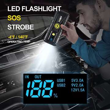 AMPROAD Jump Starter 4000A for Truck Up to 10.0L Gas & Diesel Engines, Portable and Compact Jump Box, Build-in LED Flashlight Car Emergency Kit with Case