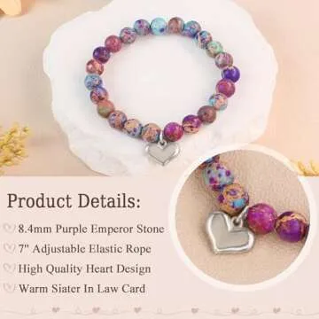 Gifts for Sister In Law Bracelet,Silver Heart Pendant Bracelet as Bonus Sister in Law Birthday Gifts, Purple Natural Stone Beads Bracelet as Valentines Day Gifts for Sister in Law Jewelry from Sereney