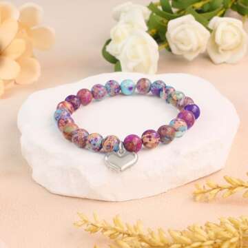 Gifts for Sister In Law Bracelet,Silver Heart Pendant Bracelet as Bonus Sister in Law Birthday Gifts, Purple Natural Stone Beads Bracelet as Valentines Day Gifts for Sister in Law Jewelry from Sereney