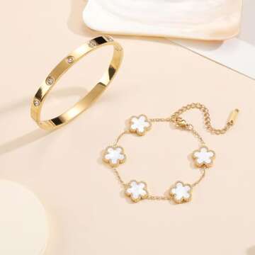 FUNIO 18K Gold Plated Van cleef Clover Bracelet Love bangle Set for Women - White Stack Friendship Bracelet Lucky Link Bracelets Jewelry Gifts Trendy for Women