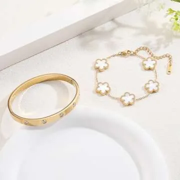FUNIO 18K Gold Plated Van cleef Clover Bracelet Love bangle Set for Women - White Stack Friendship Bracelet Lucky Link Bracelets Jewelry Gifts Trendy for Women